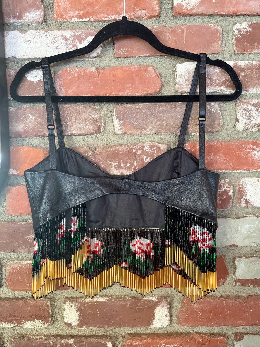 Vintage Black Leather Crop Top with Floral Beaded Fringe - Picture 2 of 2